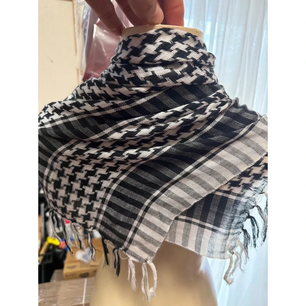 Unisex Black and White Houndstooth Keffiyeh Scarf Fringe Tassel Square Wrap